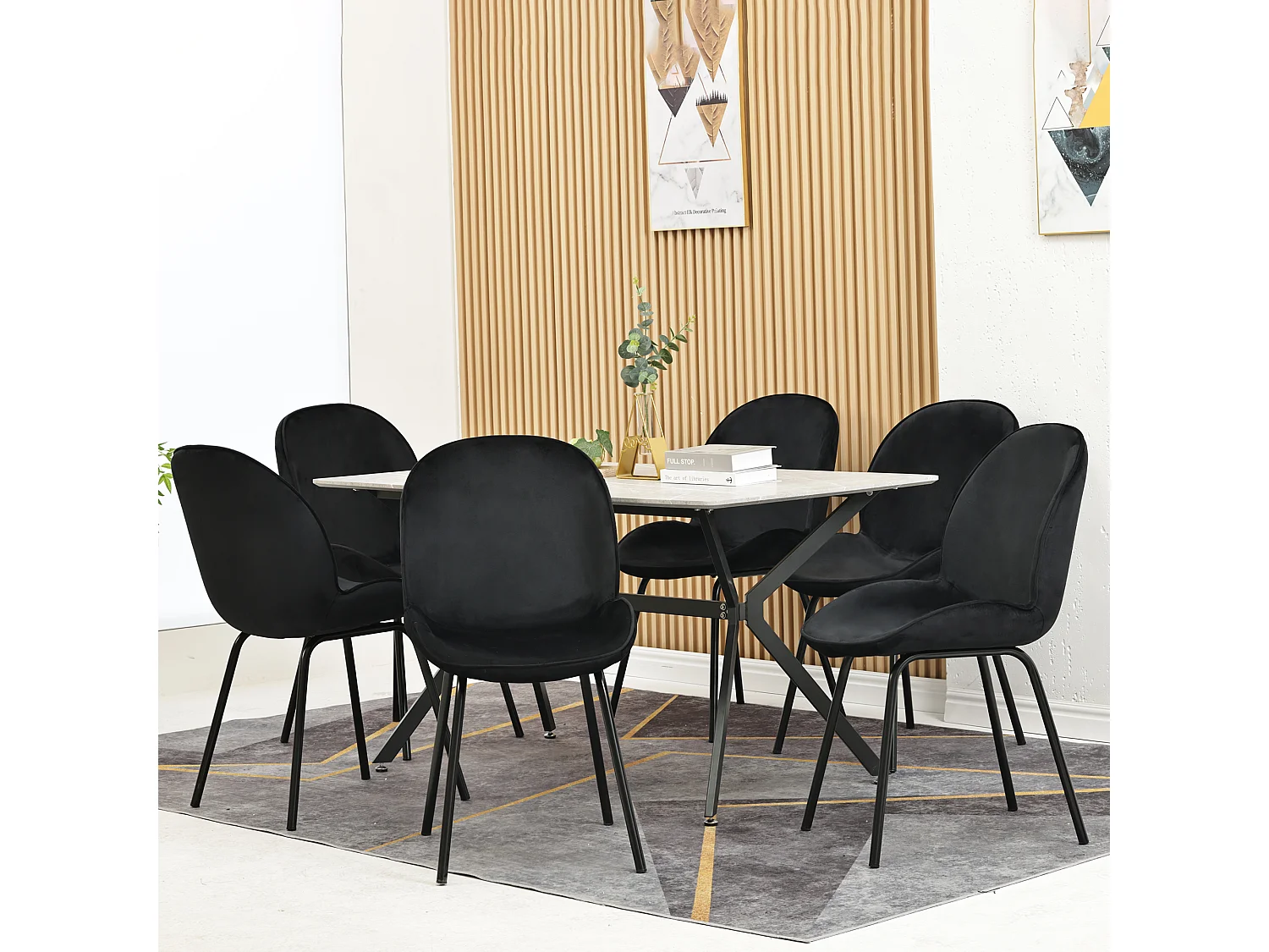 Set van 6 stoelen bekleed met fluweel - Ronde rugleuning - Metalen poten - Zwart