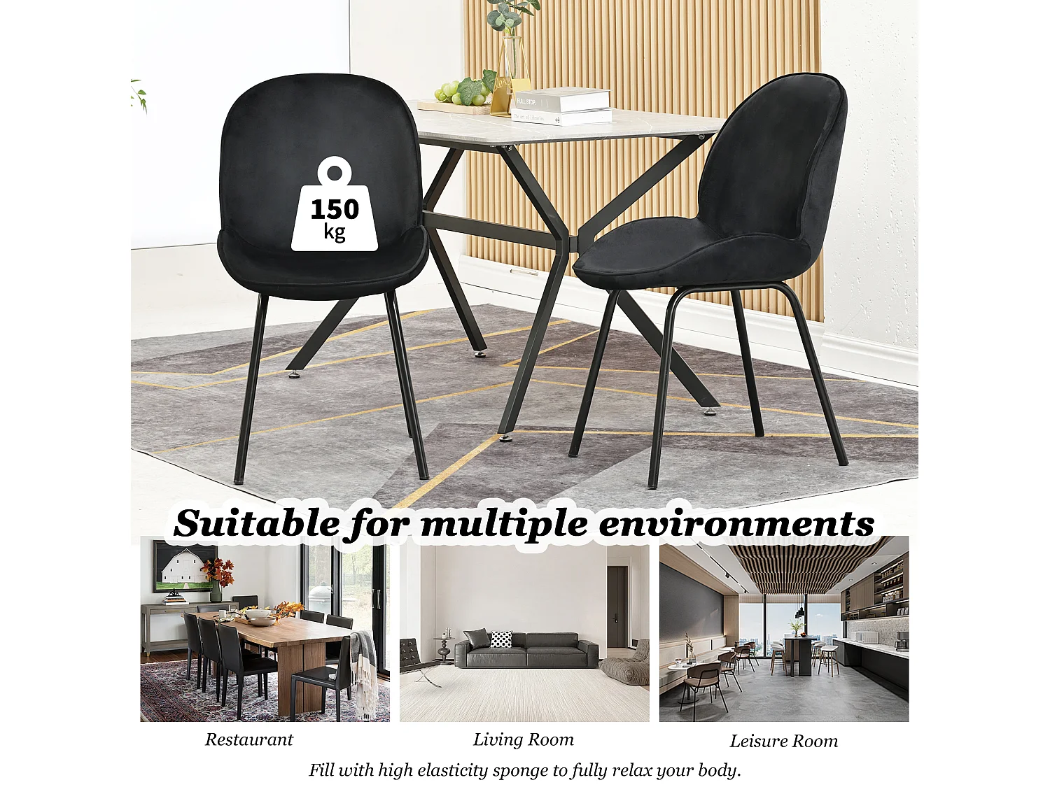 Set van 6 stoelen bekleed met fluweel - Ronde rugleuning - Metalen poten - Zwart