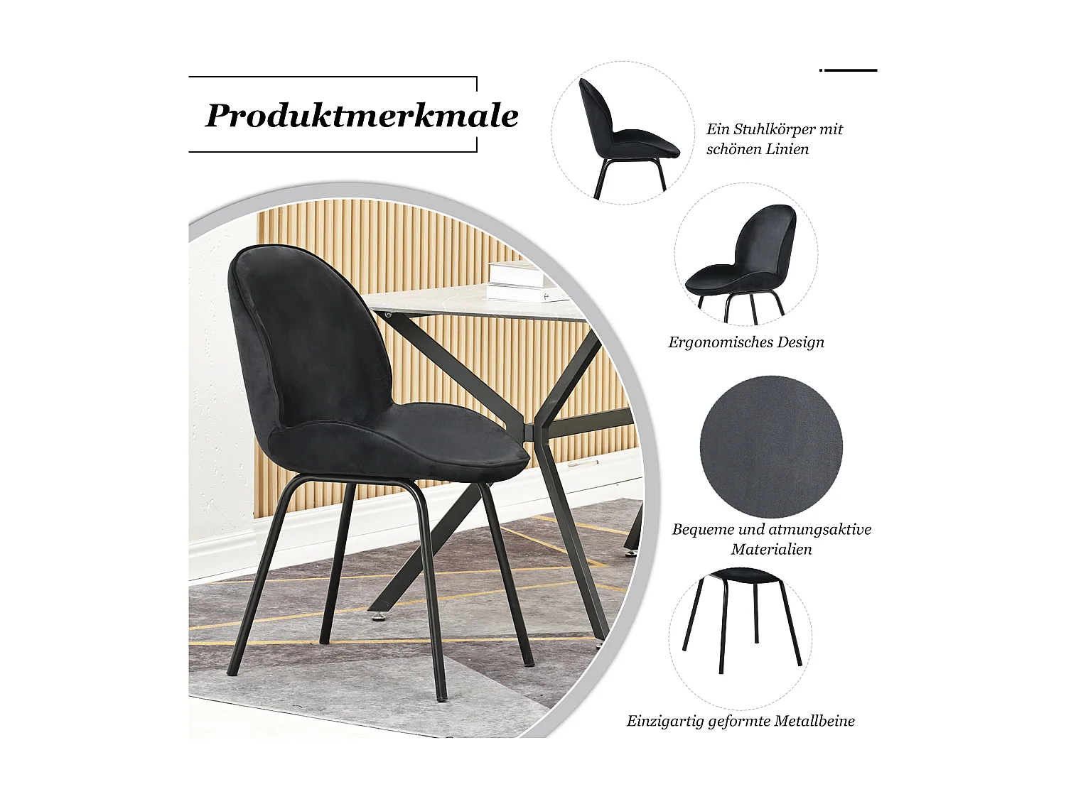 Set van 6 stoelen bekleed met fluweel - Ronde rugleuning - Metalen poten - Zwart