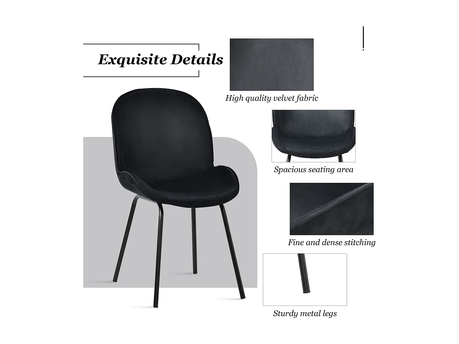 Conjunto de 6 cadeiras estofadas em veludo - Costas redondas - Pernas metálicas - Preto