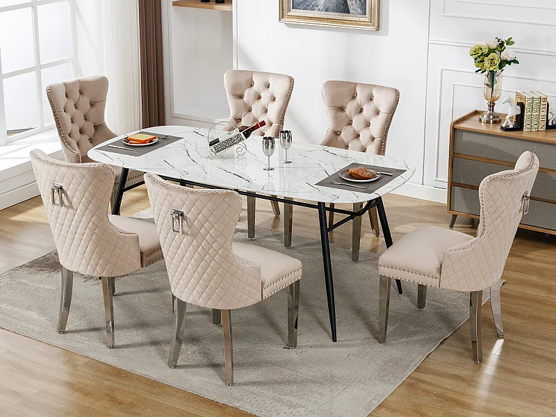 Set aus 6 Esszimmerstühlen – Samt und Metall – Rückenlehne mit Rautenmuster – Beige