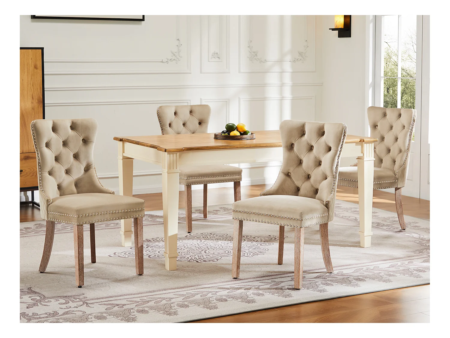 Lot de 4 Chaises de salle à manger en velours - pièds en bois massif - marron clair