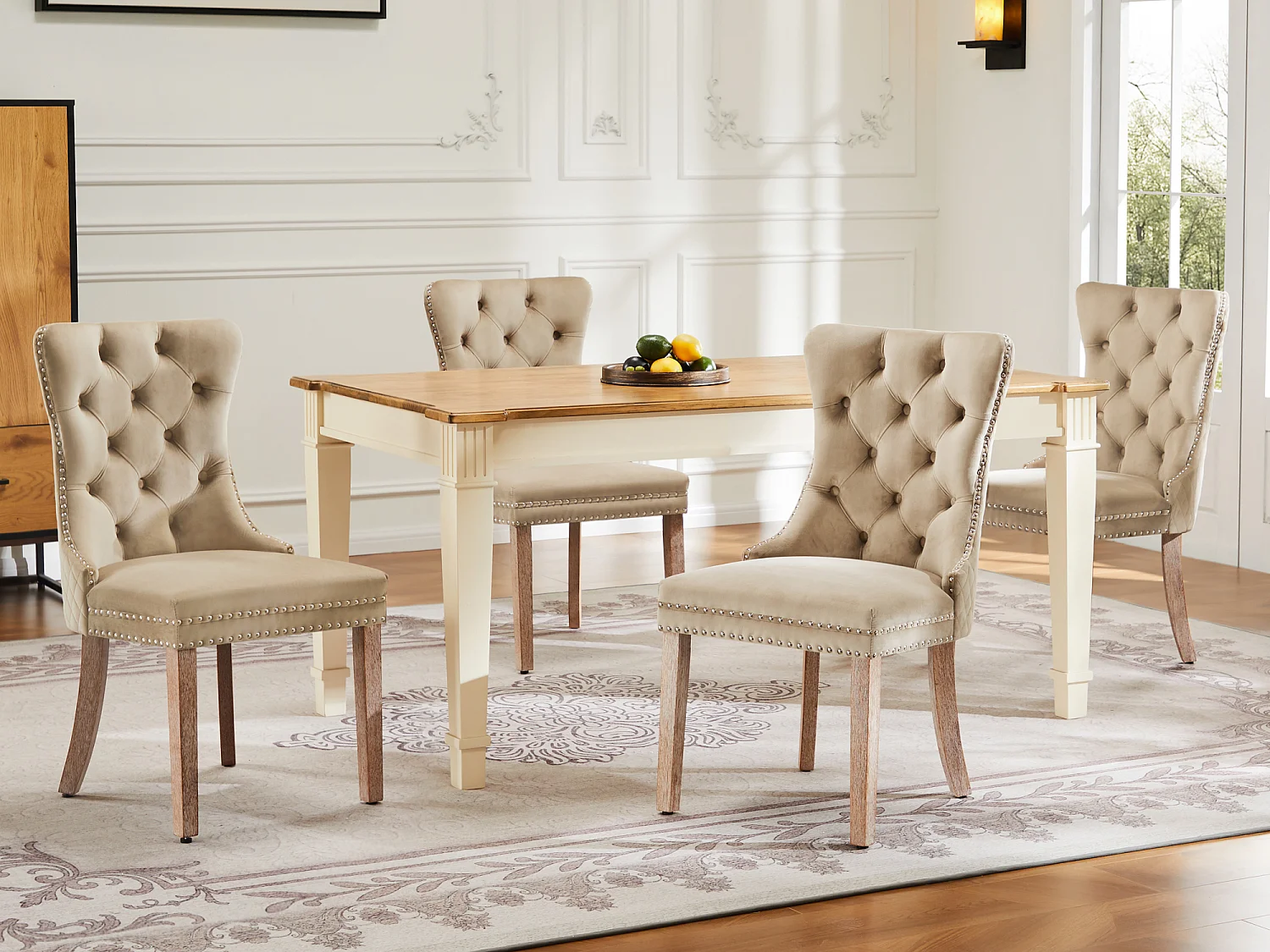 Lot de 4 Chaises de salle à manger en velours - pièds en bois massif - marron clair