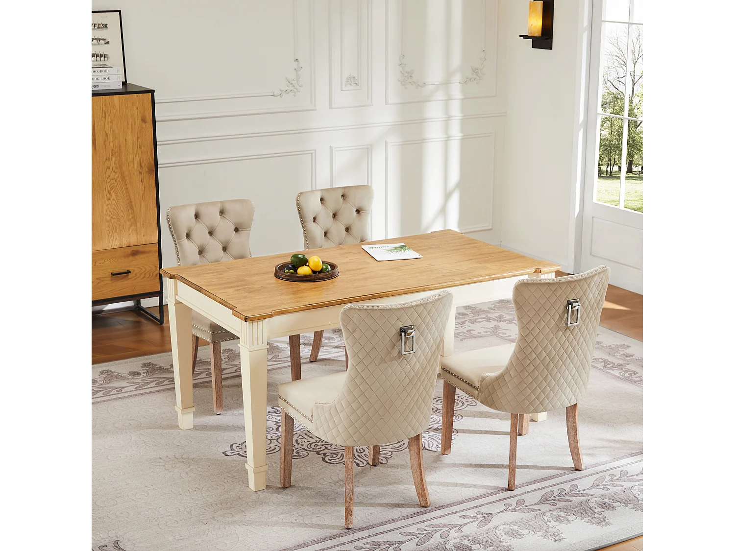 Lot de 4 Chaises de salle à manger en velours - pièds en bois massif - marron clair