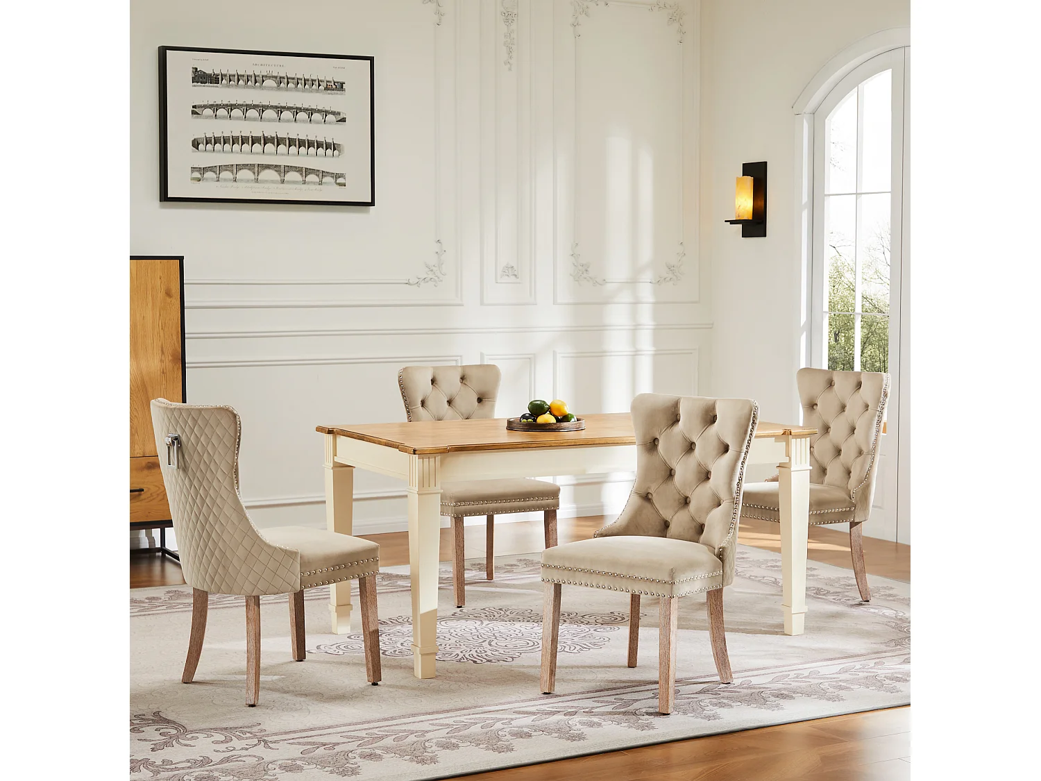 Lot de 4 Chaises de salle à manger en velours - pièds en bois massif - marron clair