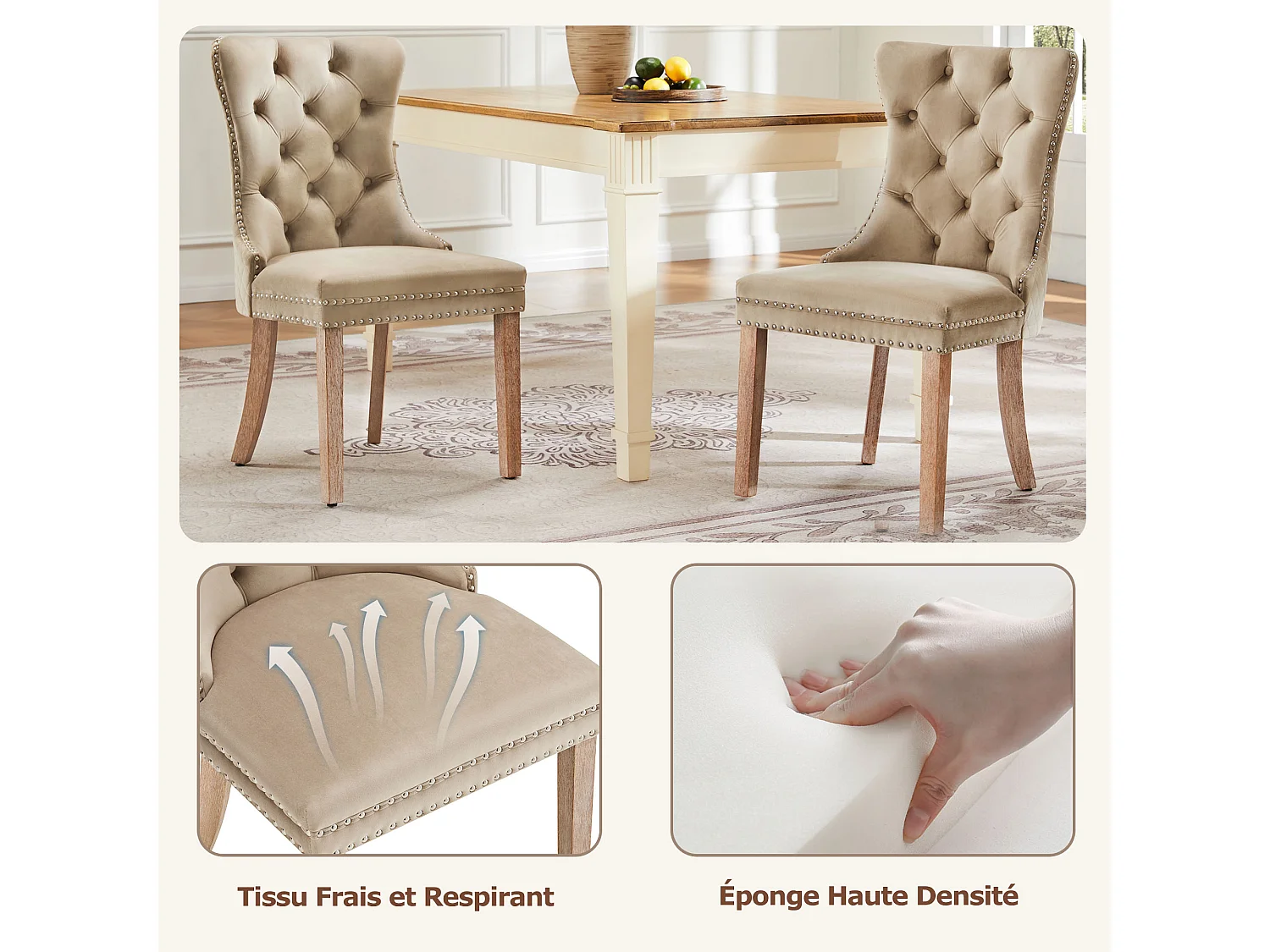 Lot de 4 Chaises de salle à manger en velours - pièds en bois massif - marron clair