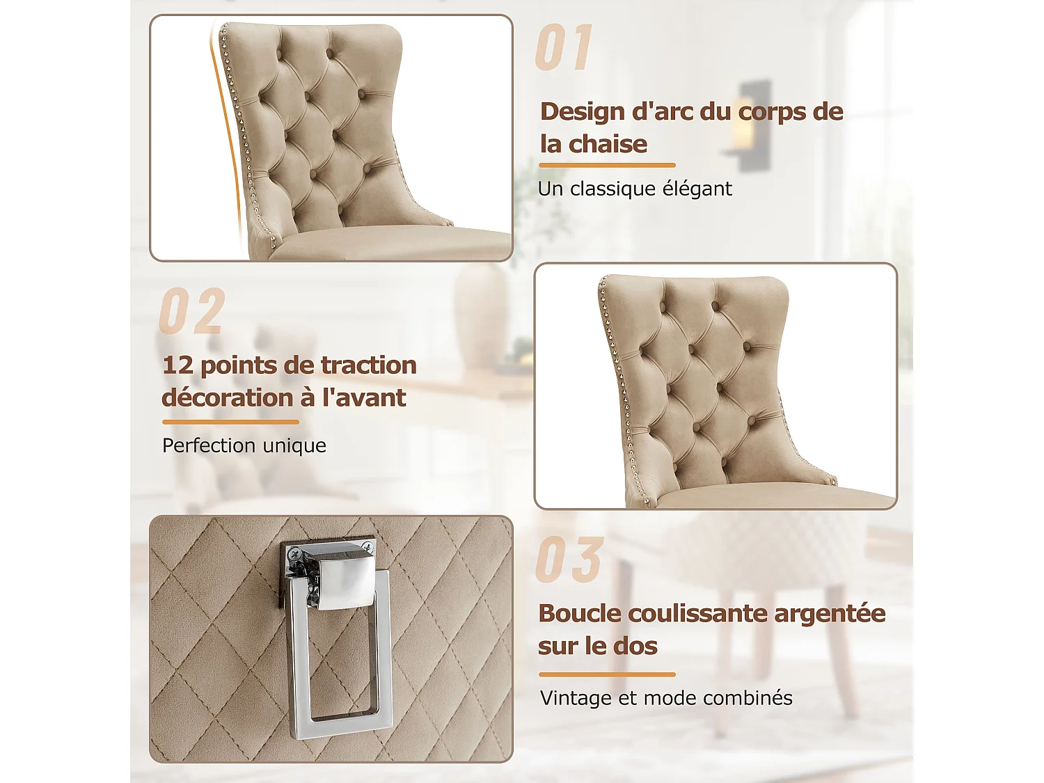 Lot de 4 Chaises de salle à manger en velours - pièds en bois massif - marron clair