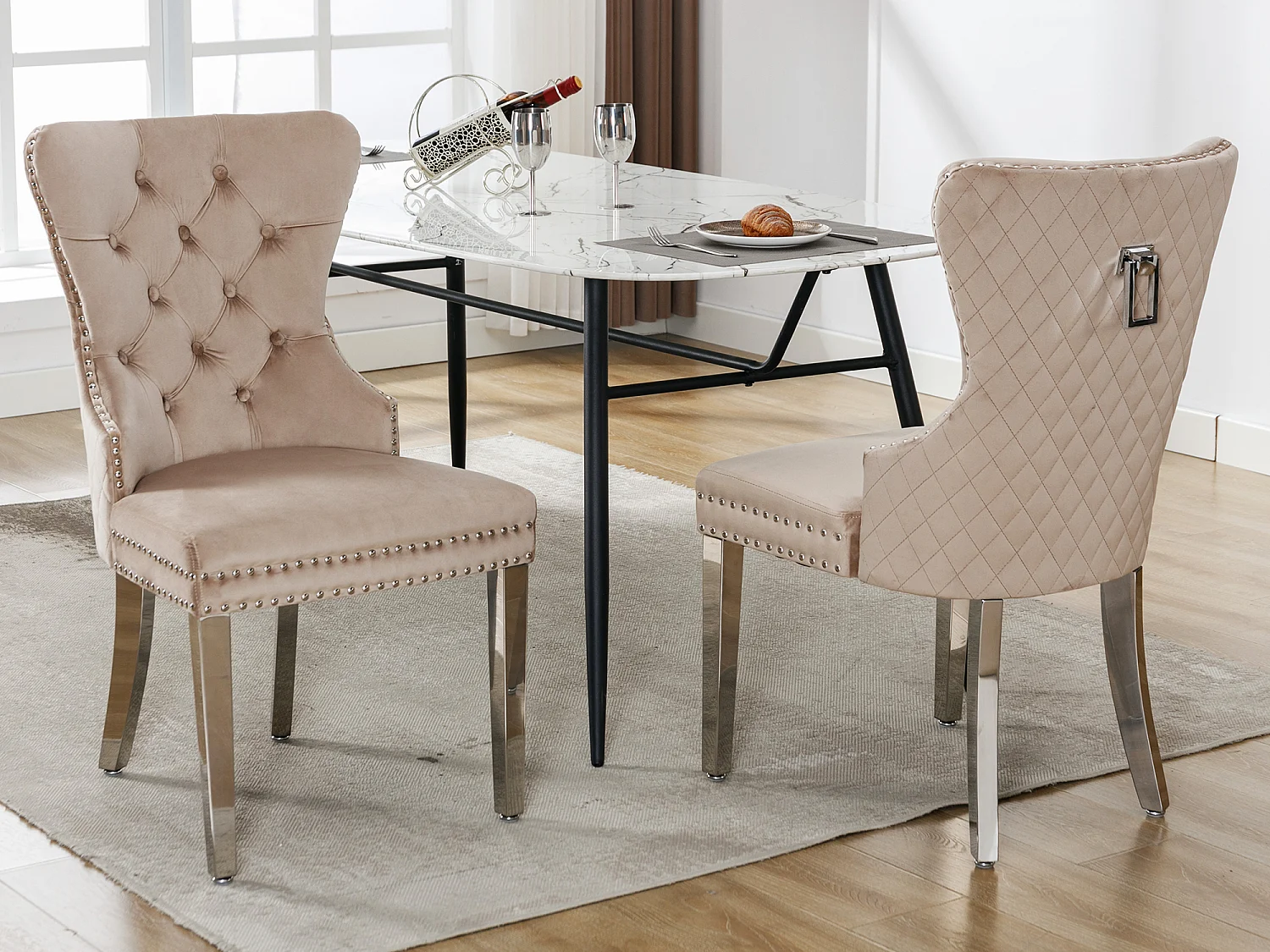 Set van 2 eetkamerstoelen - Fluweel en metaal - Rug ruitpatroon - Beige