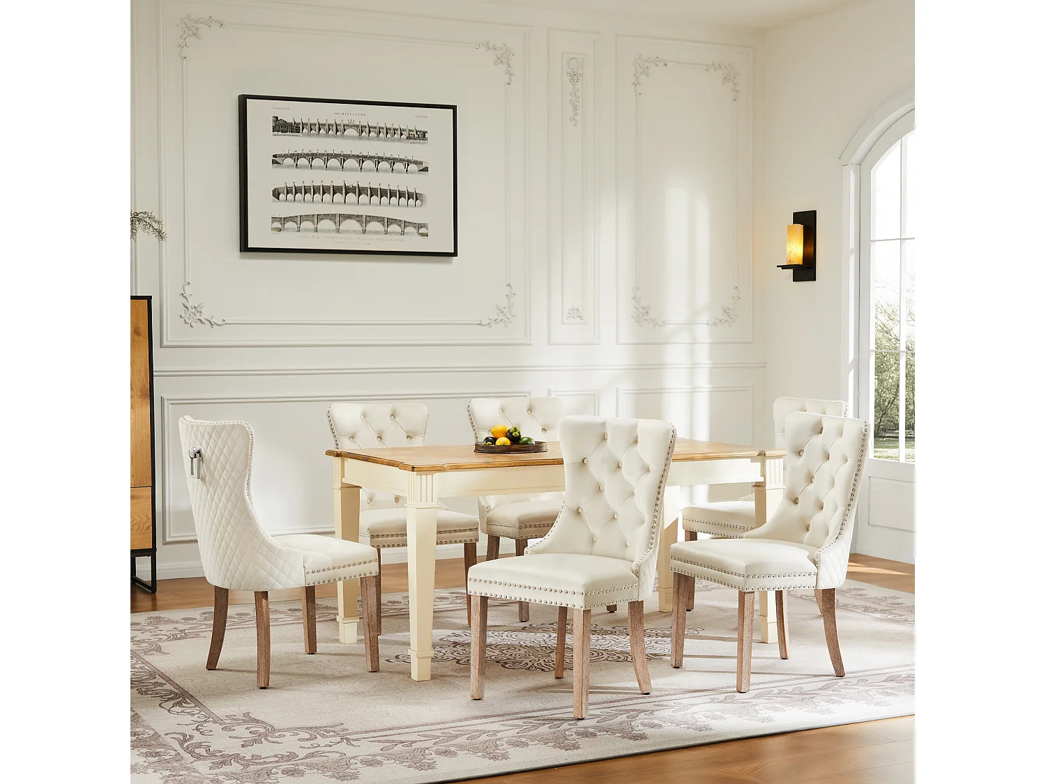 Lot de 6 Chaises de salle à manger en velours - pièds en bois massif - dossier à motif losange - beige