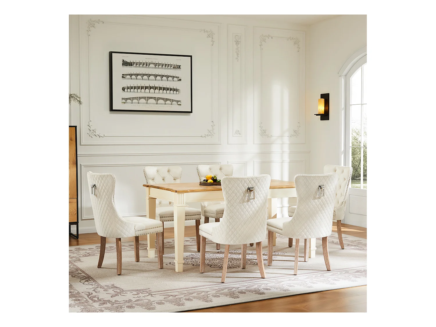 Lot de 6 Chaises de salle à manger en velours - pièds en bois massif - dossier à motif losange - beige