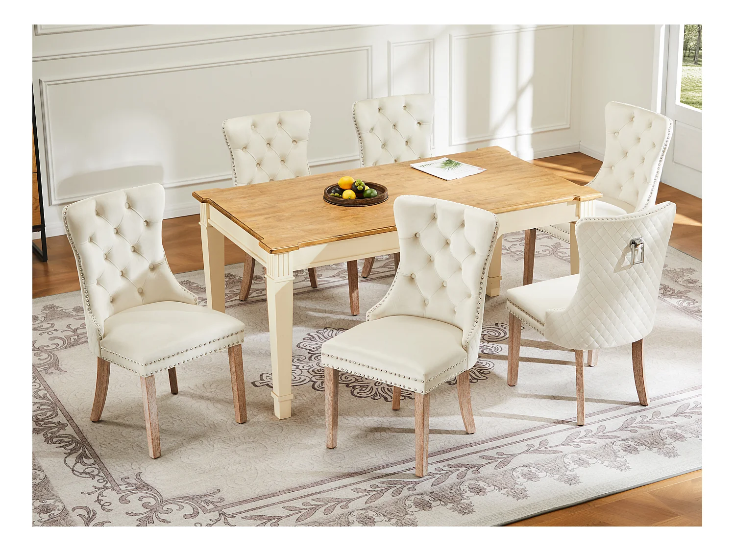Lot de 6 Chaises de salle à manger en velours - pièds en bois massif - dossier à motif losange - beige