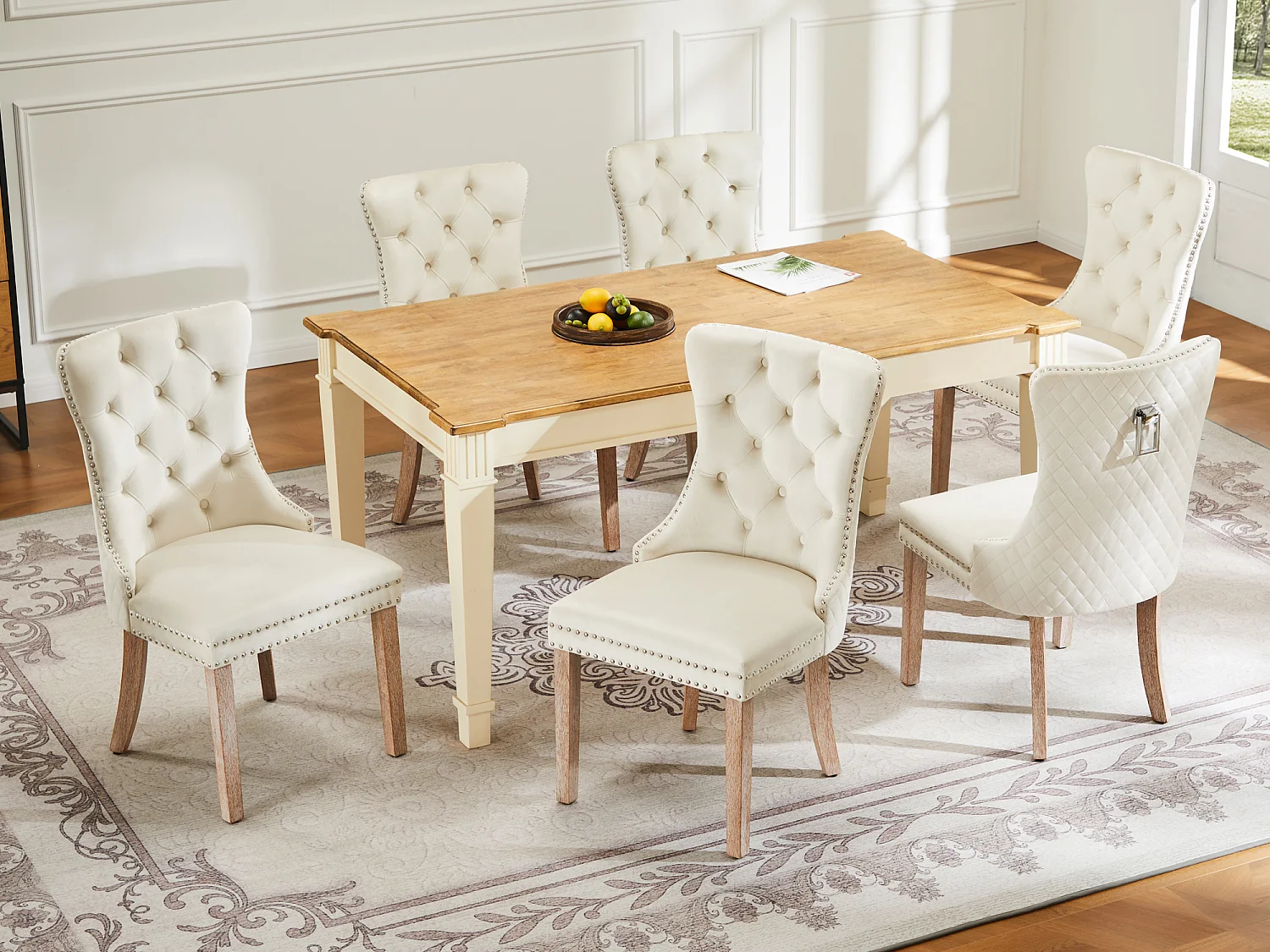 Lot de 6 Chaises de salle à manger en velours - pièds en bois massif - dossier à motif losange - beige