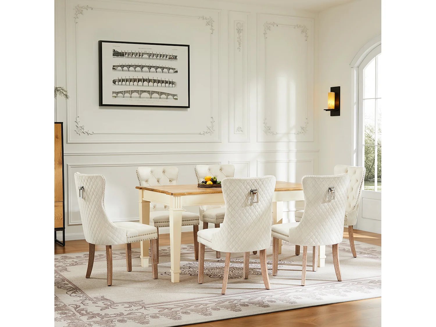 Lot de 6 Chaises de salle à manger en velours - pièds en bois massif - dossier à motif losange - beige