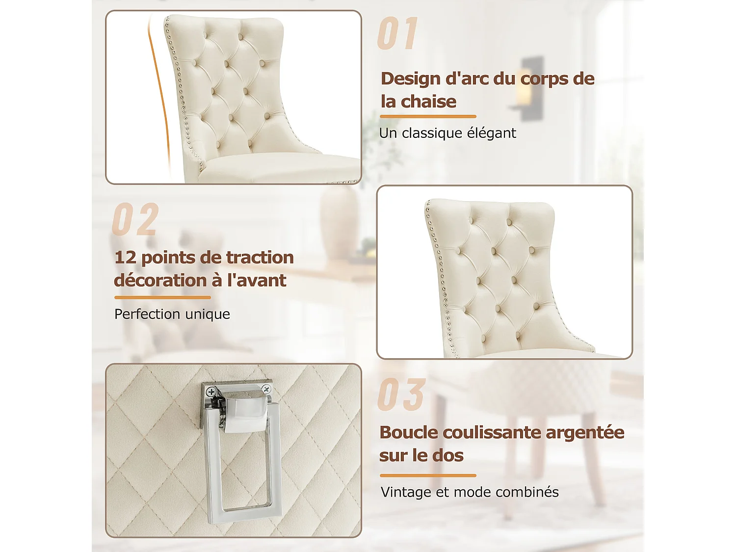 Lot de 6 Chaises de salle à manger en velours - pièds en bois massif - dossier à motif losange - beige