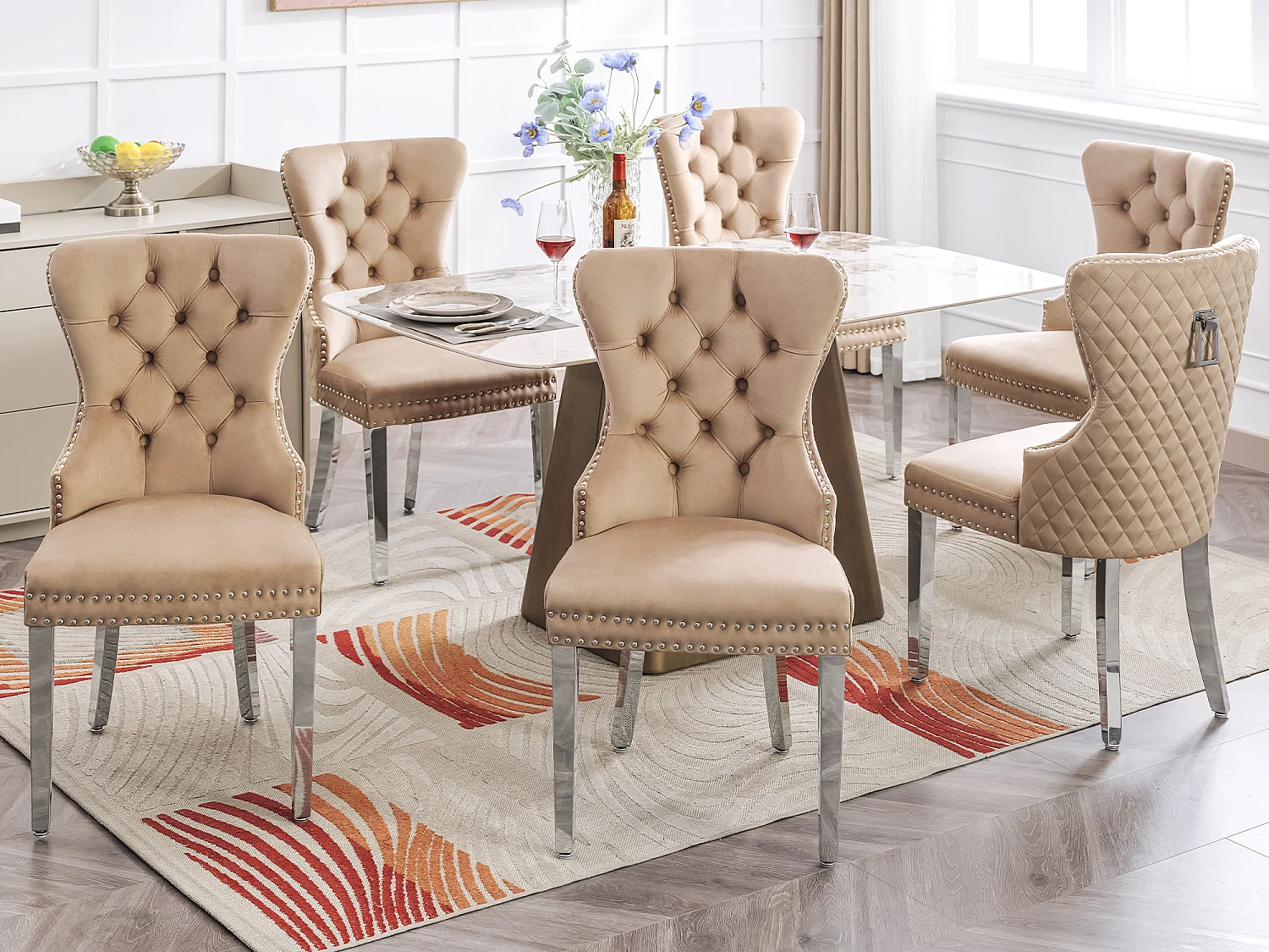 Lot de 6 Chaises de salle à manger en velours - pièds en bois massif - dossier à motif losange - marron