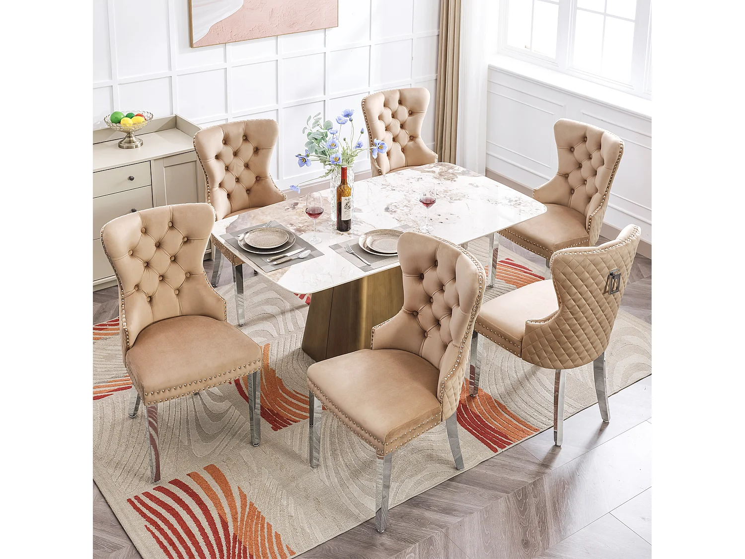 Lot de 6 Chaises de salle à manger en velours - pièds en bois massif - dossier à motif losange - marron