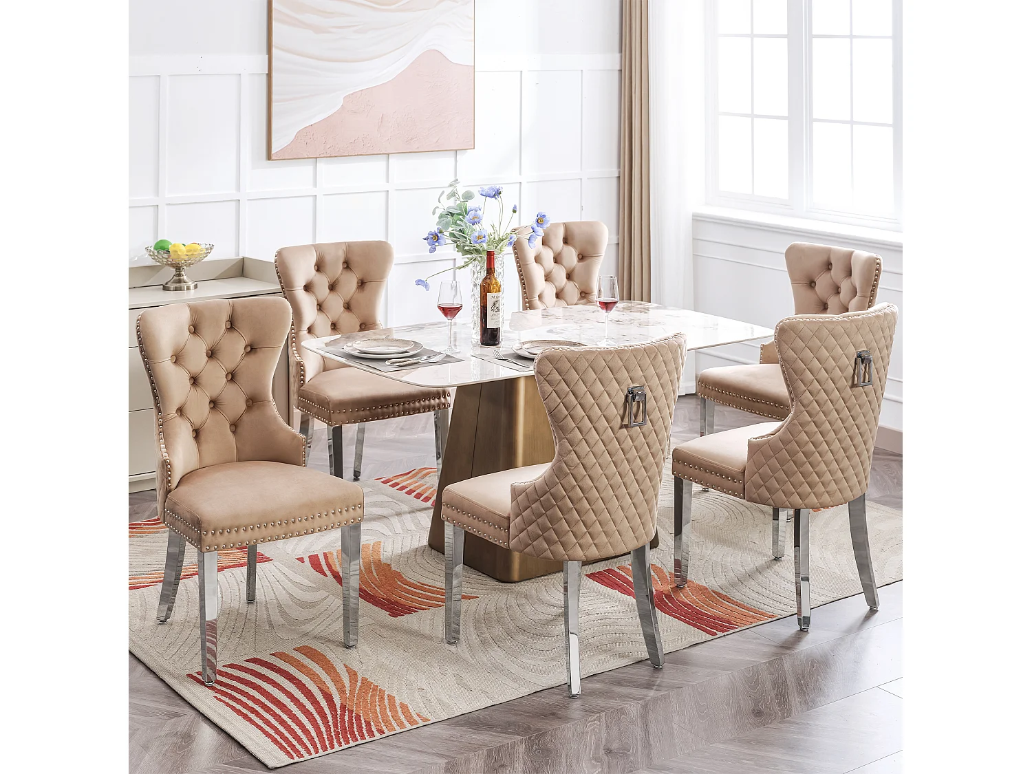 Lot de 6 Chaises de salle à manger en velours - pièds en bois massif - dossier à motif losange - marron