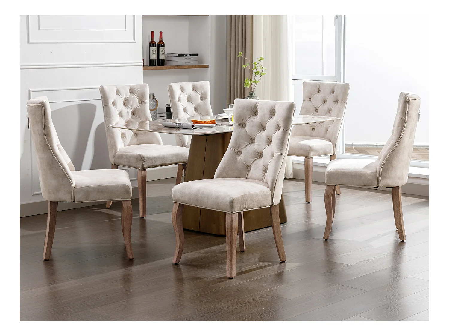 Lot de 6 chaises de salle à manger - Velours et bois massif - Dossier à motif losange - Beige clair