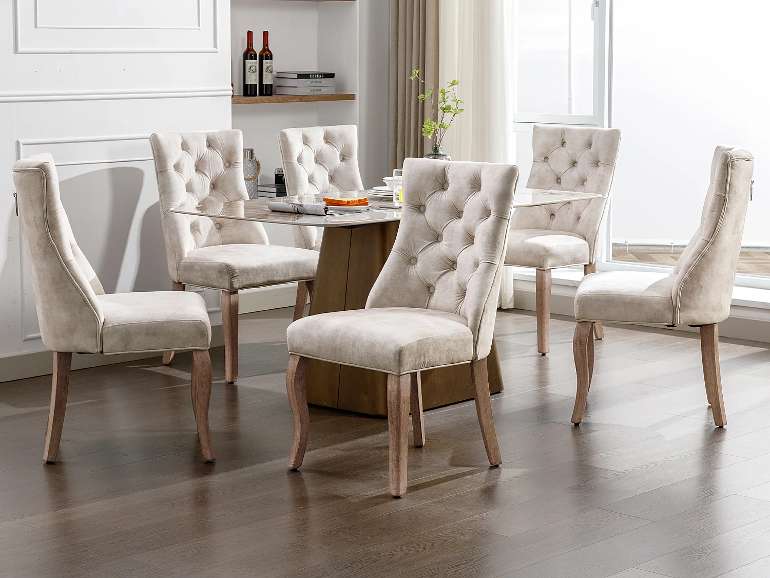 Set van 6 eetkamerstoelen - fluweel en massief hout - achterkant ruitpatroon - lichtbeige