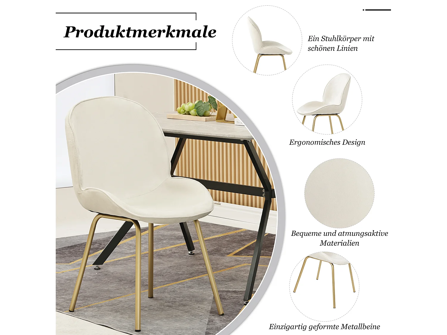 Lot de 4 chaises rembourré en velours - Dossier rond - Pièds en métal doré - blanc