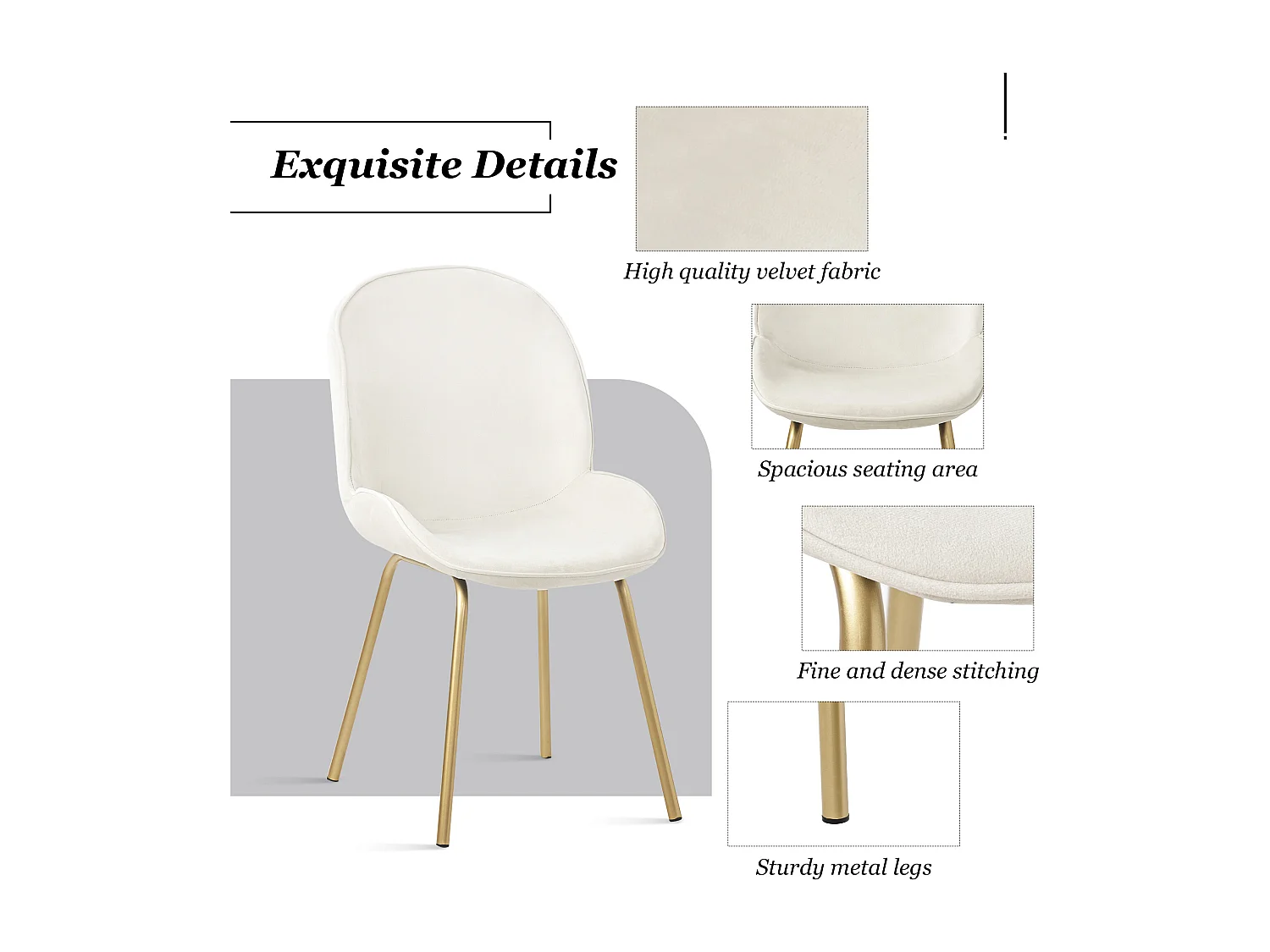 Lot de 4 chaises rembourré en velours - Dossier rond - Pièds en métal doré - blanc