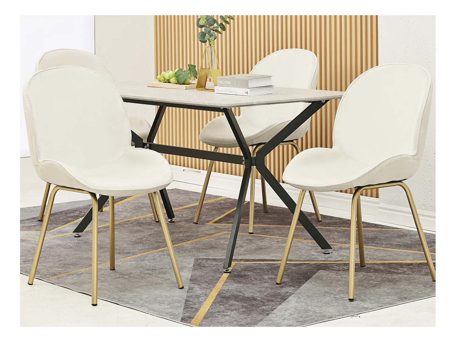 Set van 4 stoelen bekleed met fluweel - Ronde rugleuning - Goud metalen poten - wit