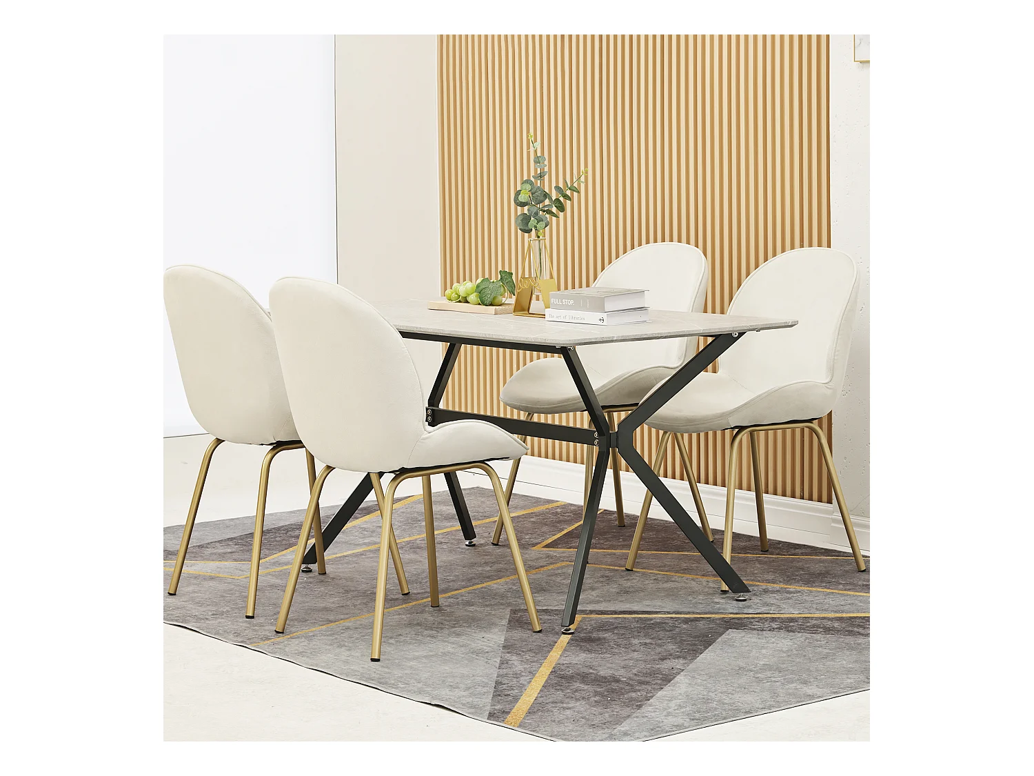 Set van 4 stoelen bekleed met fluweel - Ronde rugleuning - Goud metalen poten - wit
