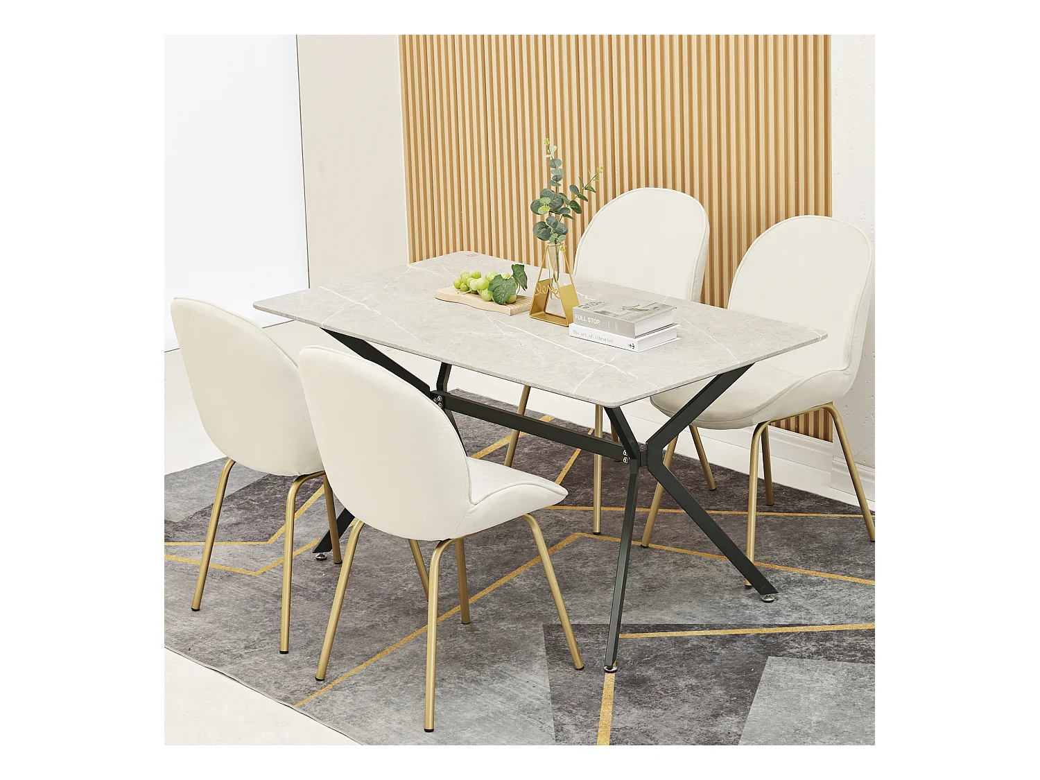 Set van 4 stoelen bekleed met fluweel - Ronde rugleuning - Goud metalen poten - wit