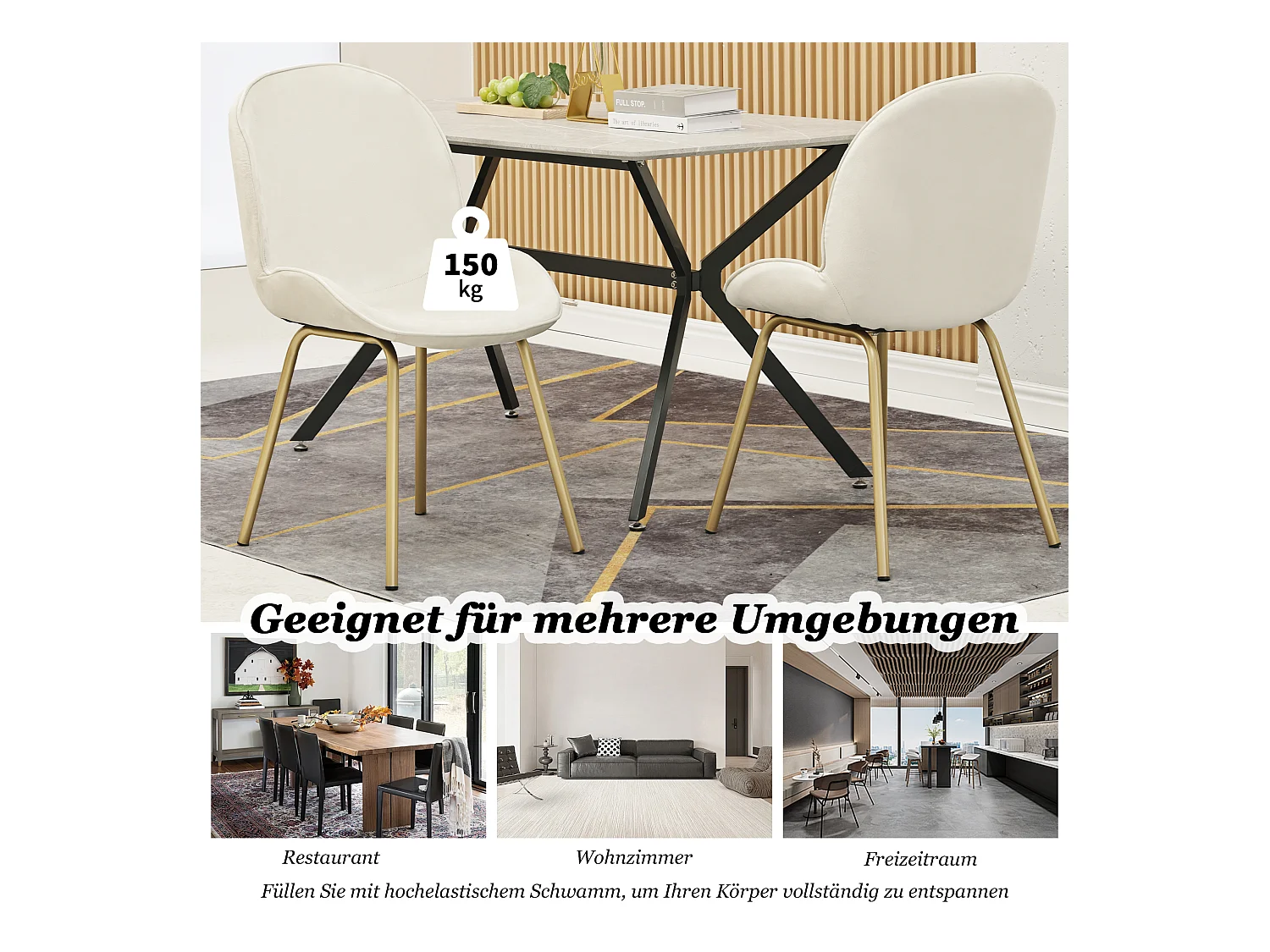 Set van 4 stoelen bekleed met fluweel - Ronde rugleuning - Goud metalen poten - wit