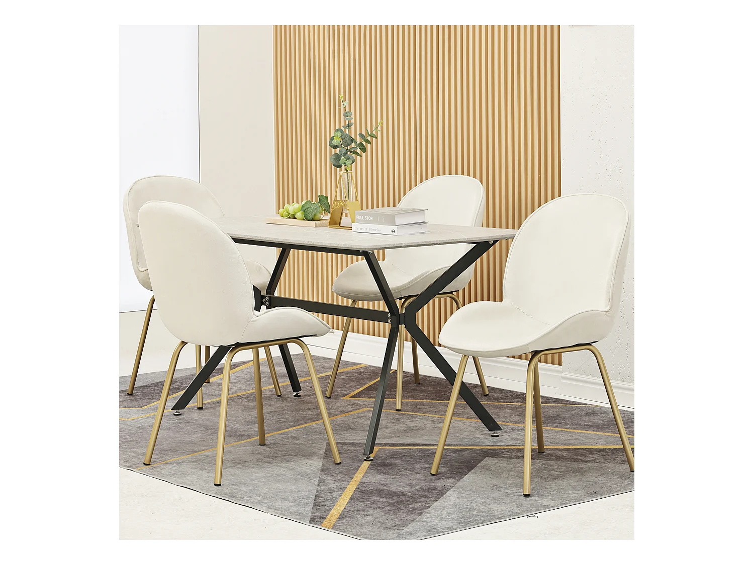 Set van 4 stoelen bekleed met fluweel - Ronde rugleuning - Goud metalen poten - wit