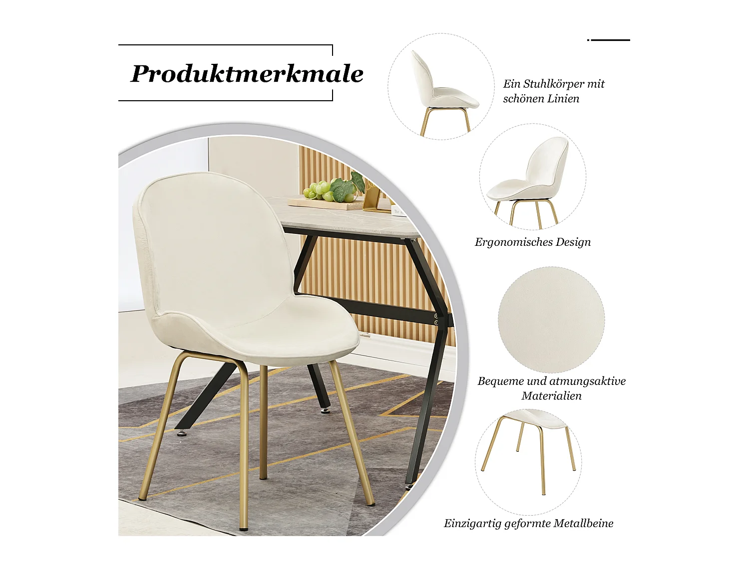 Set van 4 stoelen bekleed met fluweel - Ronde rugleuning - Goud metalen poten - wit