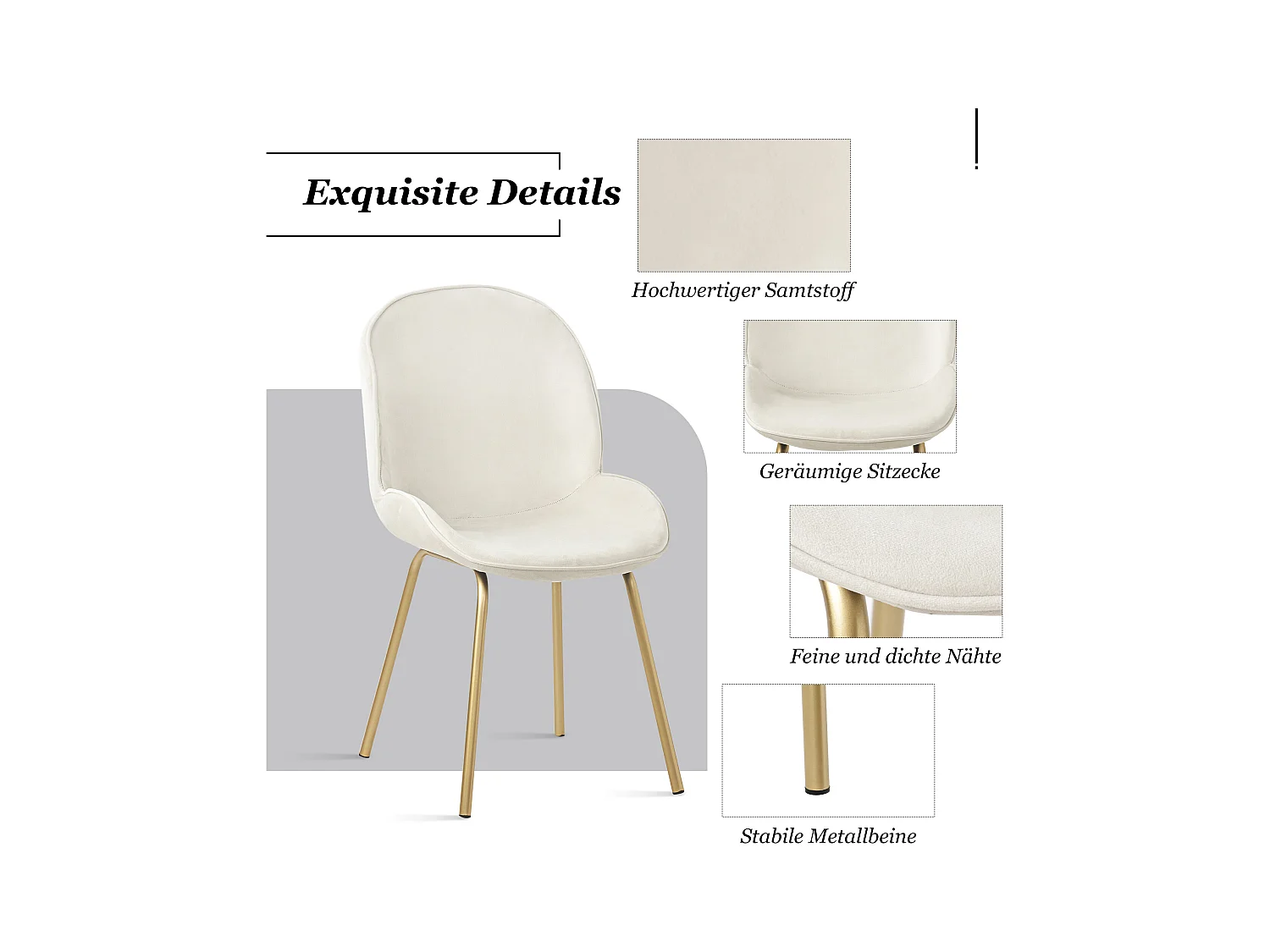 Set van 4 stoelen bekleed met fluweel - Ronde rugleuning - Goud metalen poten - wit