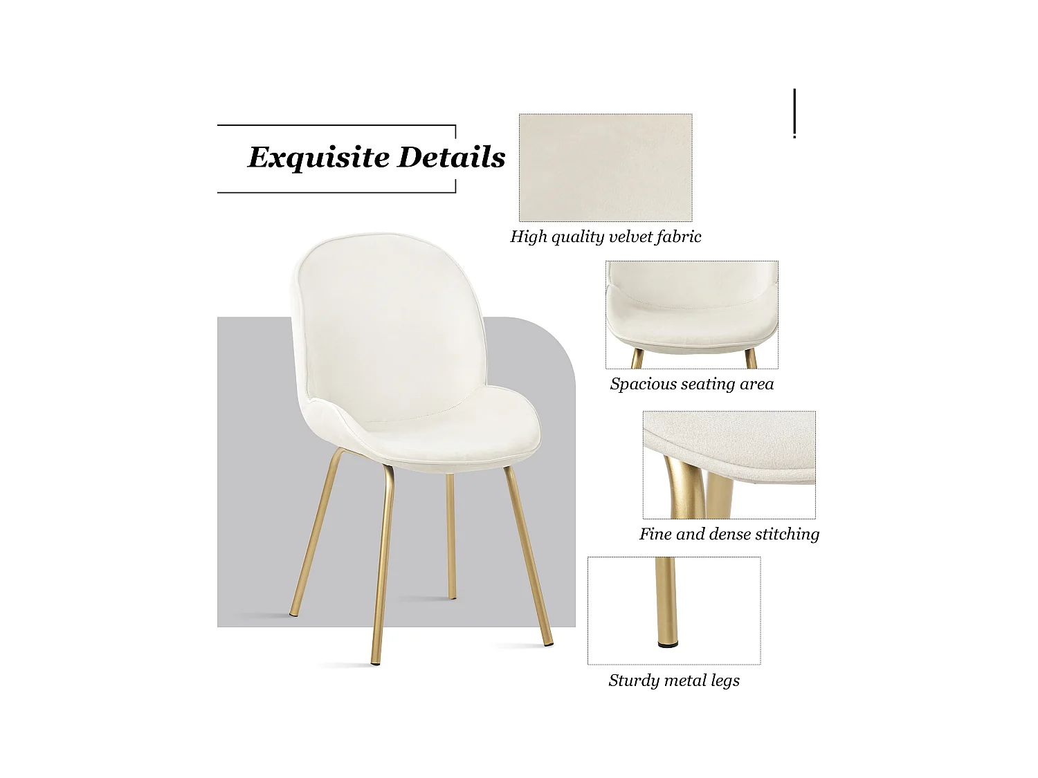 Set van 4 stoelen bekleed met fluweel - Ronde rugleuning - Goud metalen poten - wit