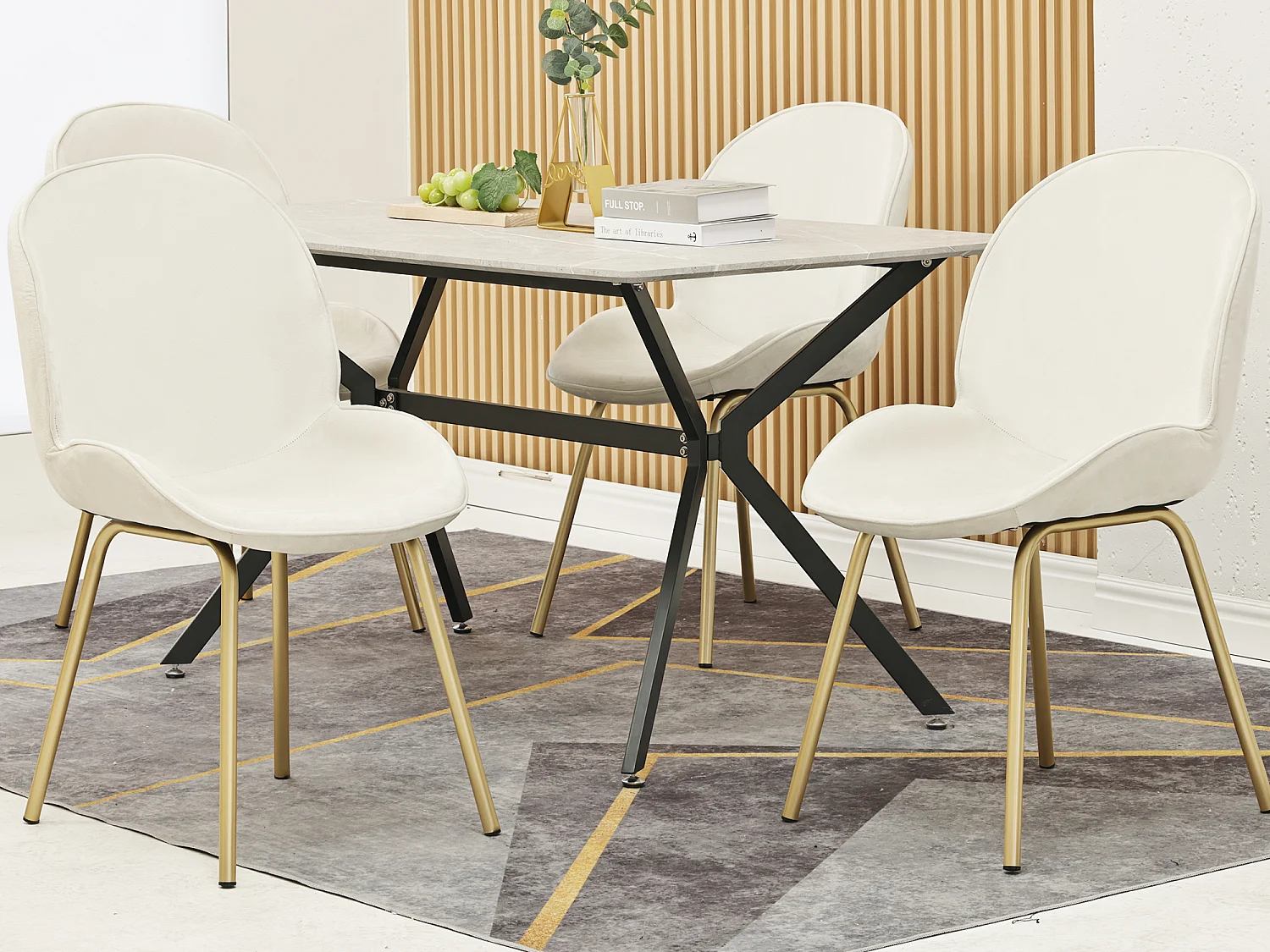 Set van 4 stoelen bekleed met fluweel - Ronde rugleuning - Goud metalen poten - wit