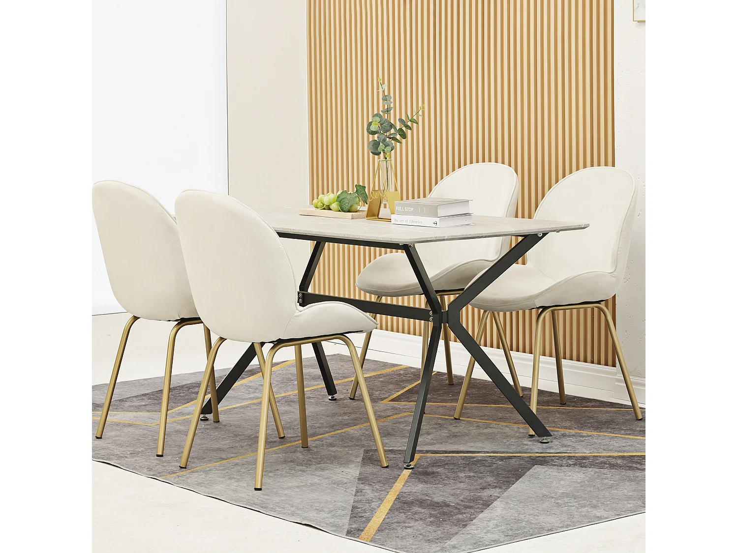 Set van 4 stoelen bekleed met fluweel - Ronde rugleuning - Goud metalen poten - wit