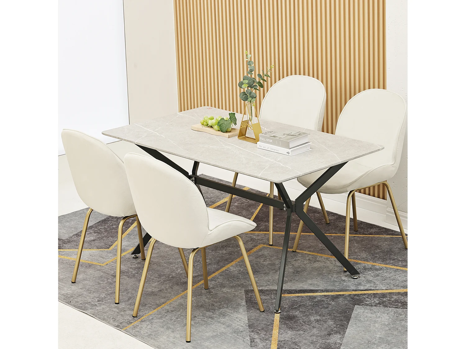 Set van 4 stoelen bekleed met fluweel - Ronde rugleuning - Goud metalen poten - wit