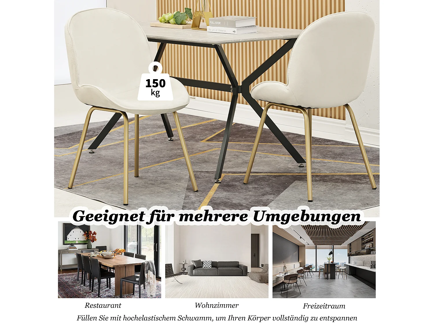 Set van 4 stoelen bekleed met fluweel - Ronde rugleuning - Goud metalen poten - wit