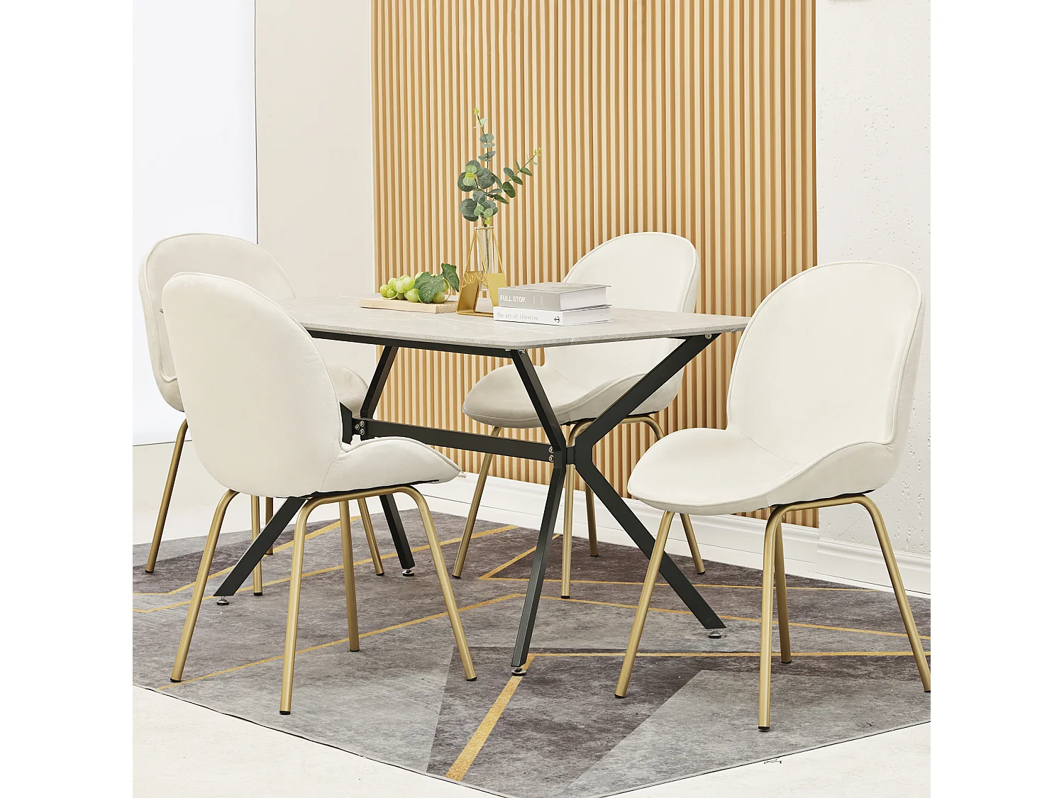 Set van 4 stoelen bekleed met fluweel - Ronde rugleuning - Goud metalen poten - wit