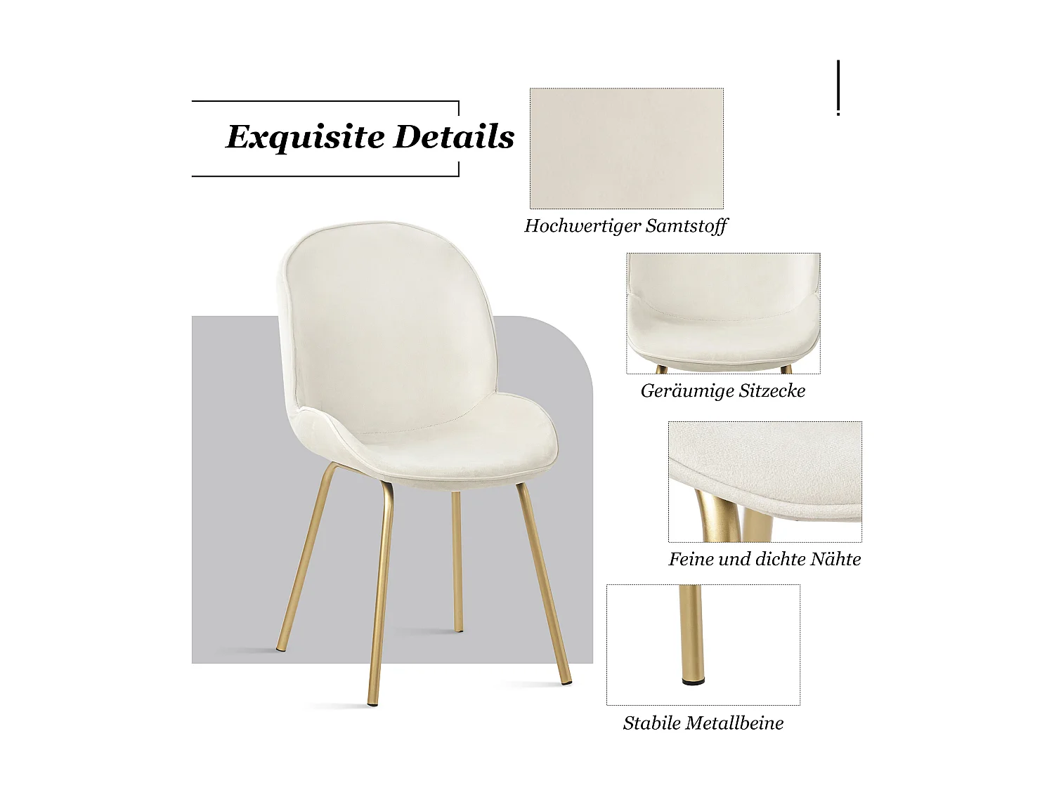 Set van 4 stoelen bekleed met fluweel - Ronde rugleuning - Goud metalen poten - wit