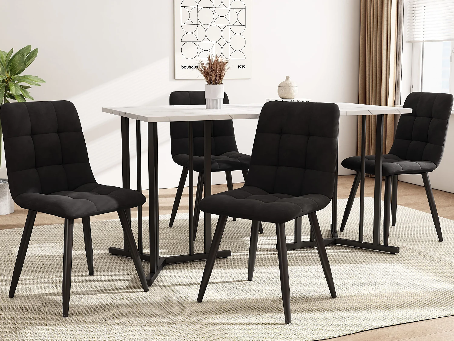 Table à manger 4 à 8 couverts en MDF et métal - Plateau à motif marbre - blanc et noir