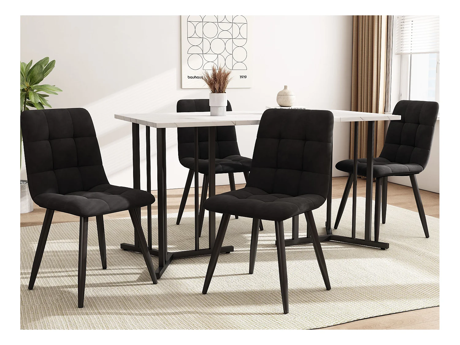 Eettafel voor 4 tot 8 couverts in MDF en metaal - Blad met marmermotief - wit en zwart