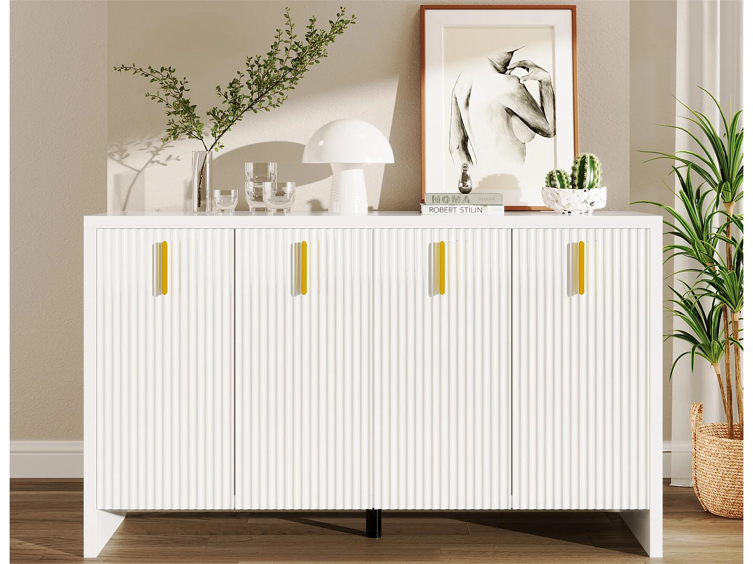 Nowoczesny bufet - z regulowanymi półkami - złote uchwyty - Biały