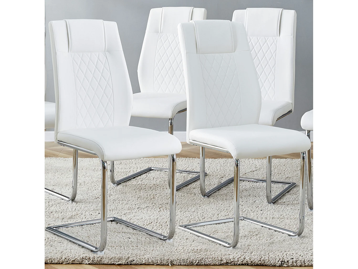 Set van 4 kunstleren sledestoelen - metalen poten - rugleuning met ruitpatroon - Wit