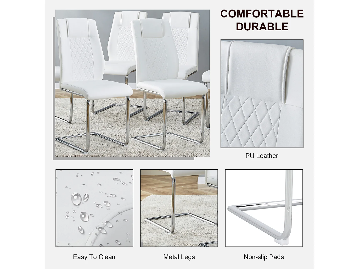 Set van 4 kunstleren sledestoelen - metalen poten - rugleuning met ruitpatroon - Wit