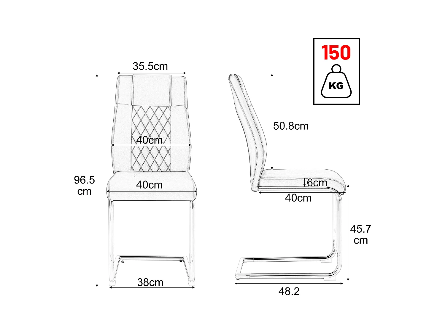 Set van 4 kunstleren sledestoelen - metalen poten - rugleuning met ruitpatroon - Wit