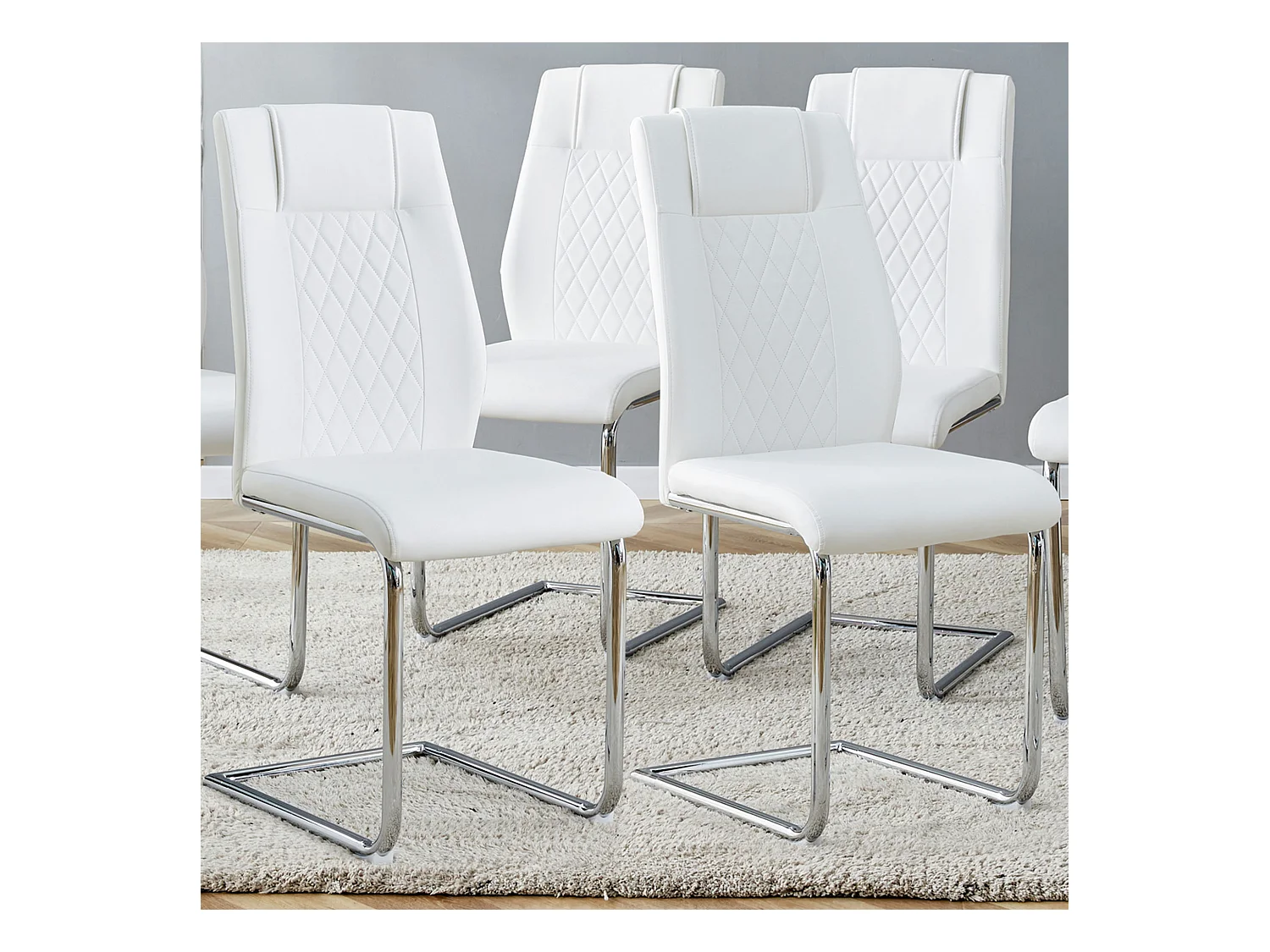 Set van 4 kunstleren sledestoelen - metalen poten - rugleuning met ruitpatroon - Wit