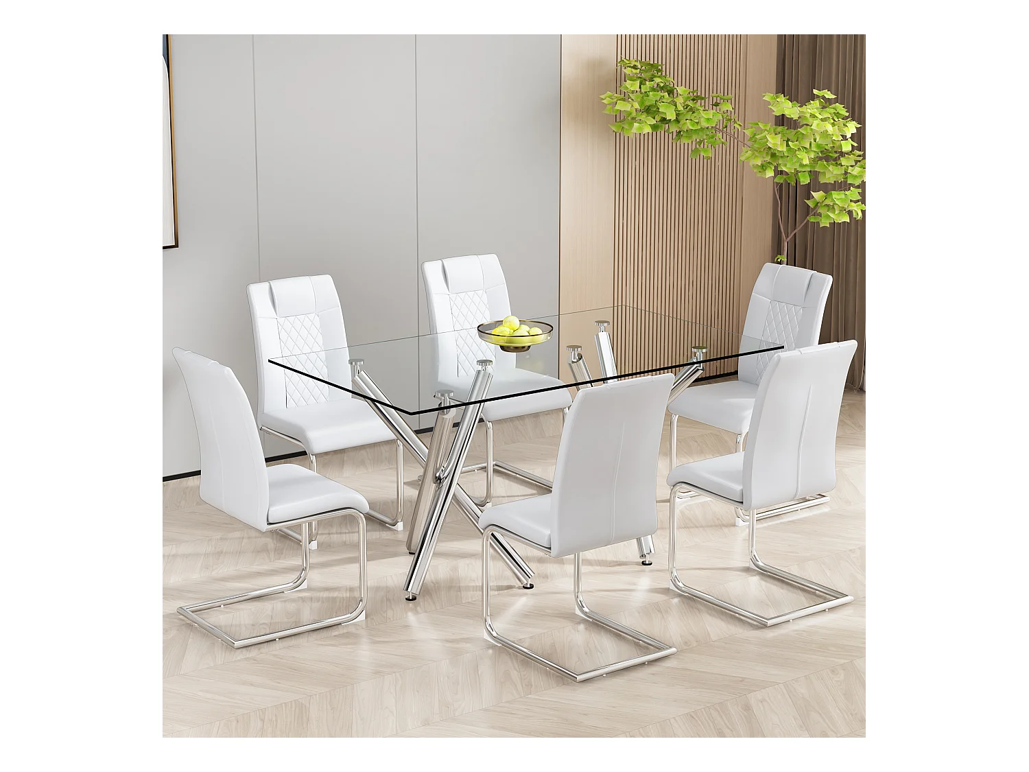 Set van 4 kunstleren sledestoelen - metalen poten - rugleuning met ruitpatroon - Wit