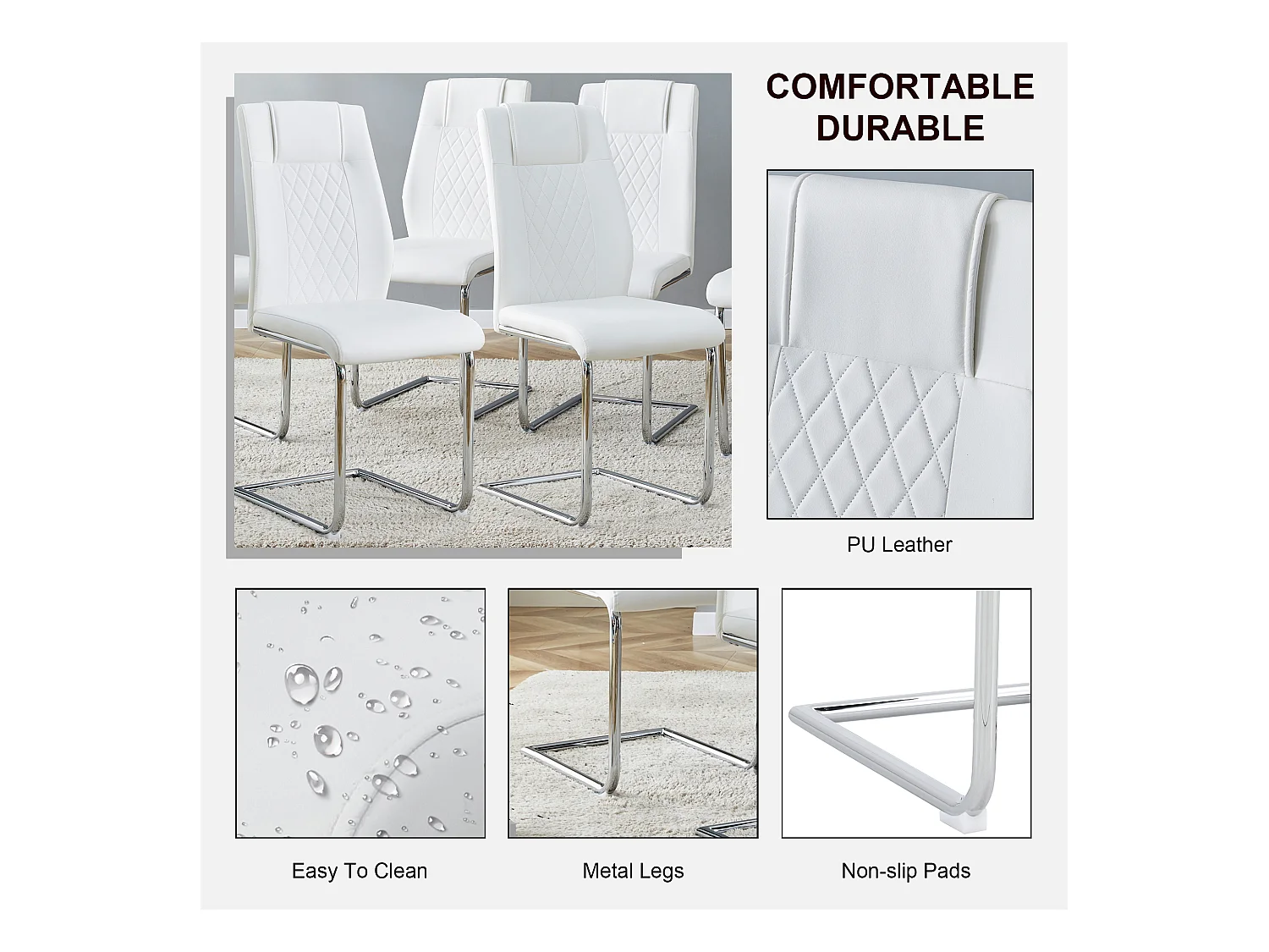 Set van 4 kunstleren sledestoelen - metalen poten - rugleuning met ruitpatroon - Wit