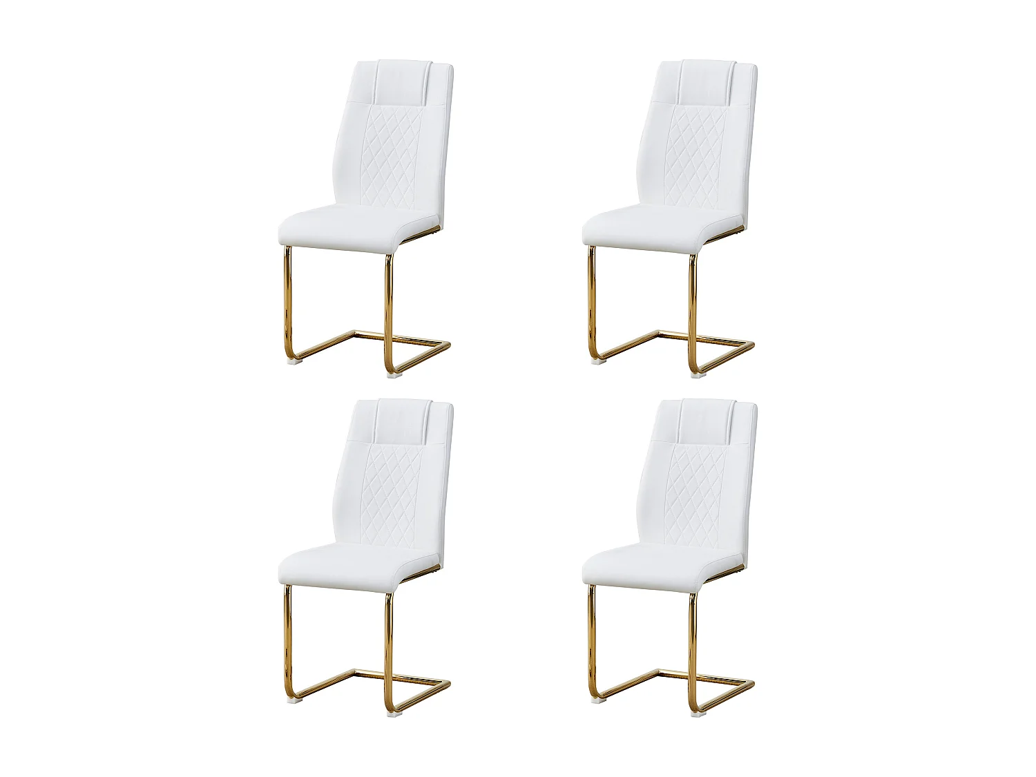 Lot de 4 Chaise cantilever en simili cuir - Pièds en métal doré - Dossier à motif losange - Blanc