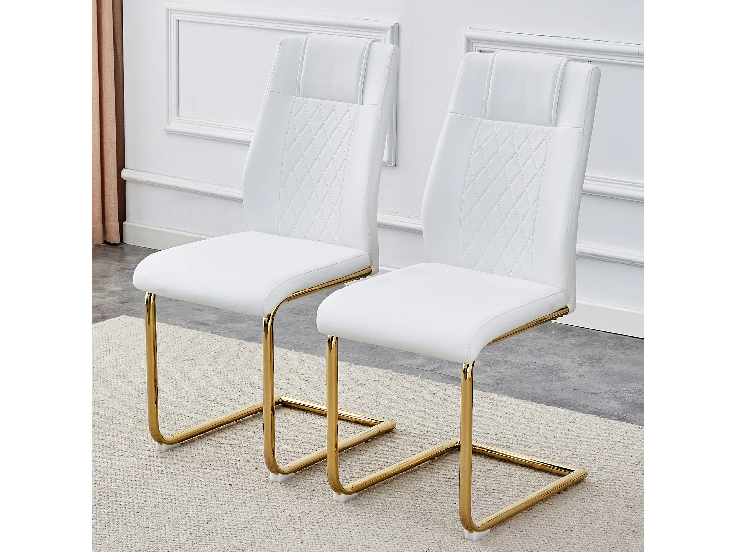 Lot de 4 Chaise cantilever en simili cuir - Pièds en métal doré - Dossier à motif losange - Blanc